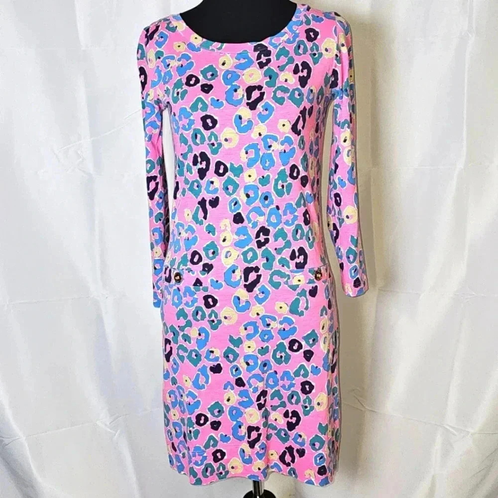 Lilly Pulitzer Corine Paws Off Leopard Pink Multi 3/4 Sleeve‎ Mini Dress XXS